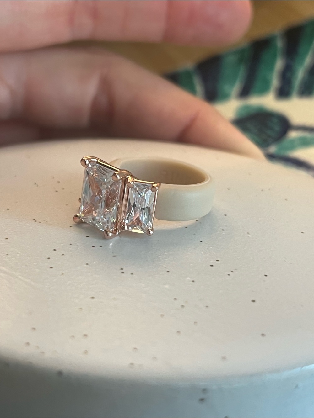 Three-Stone Emerald Cut CZ Crystal Silicone band Ring in Gold / tan size 4 - Picture 6 of 13